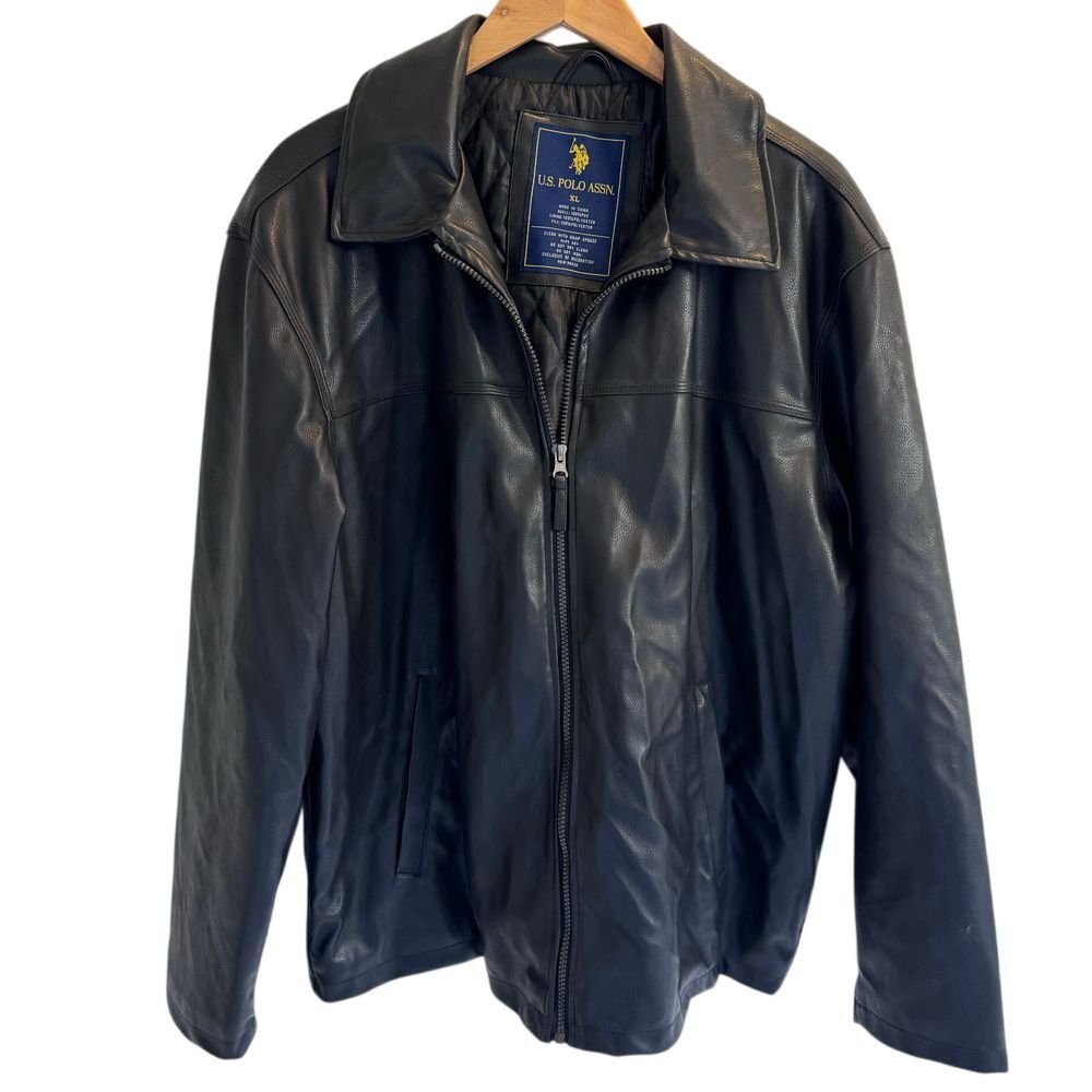 Men's US Polo Assn Faux Leather Jacket‎ Black Size XL Full Zip Logo Pockets